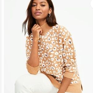 LOFT Tan and White Turtleneck Sweater with Floral Design